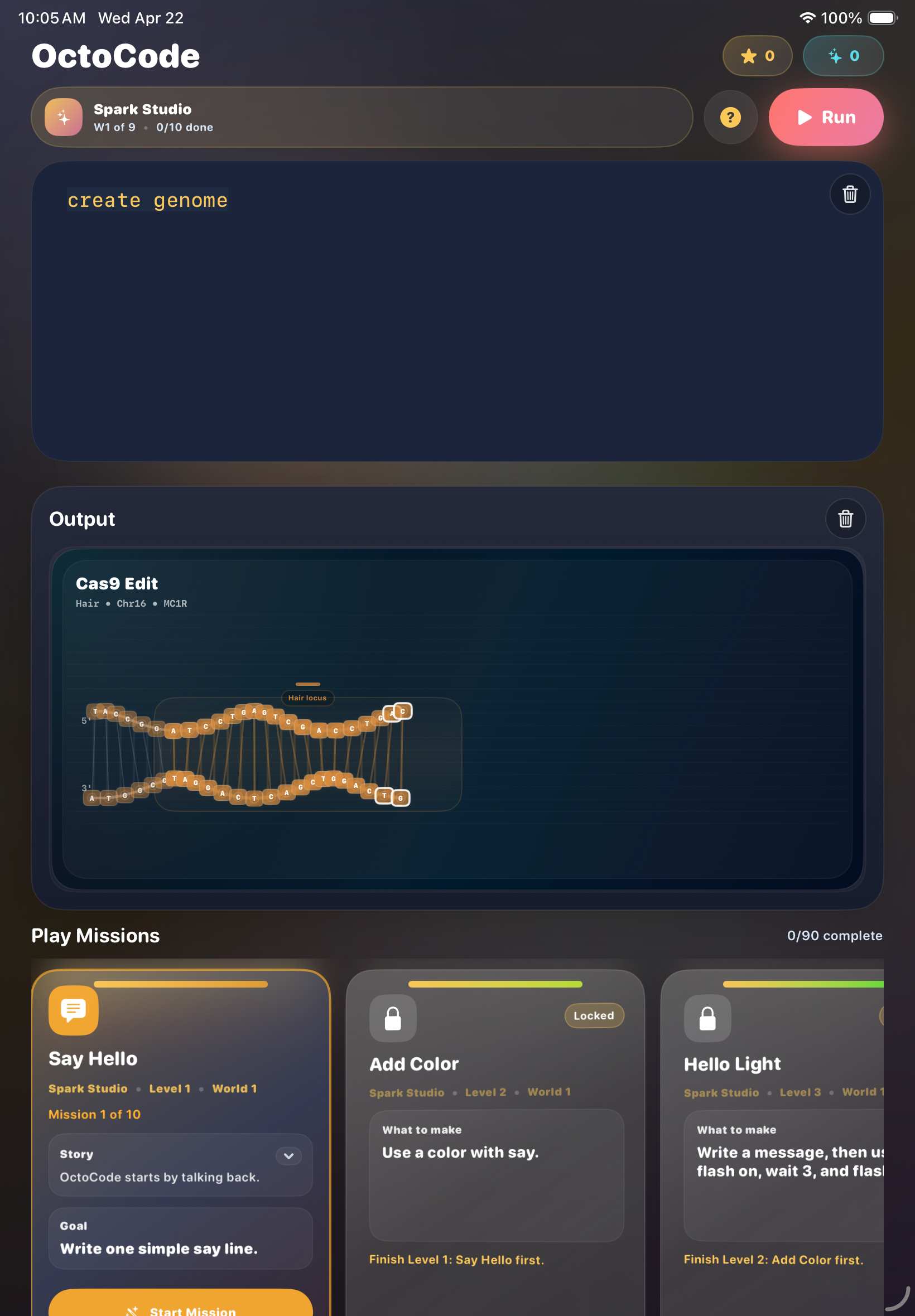 OctoCode app running on iPad showing the code editor, genome lab, and guided missions.