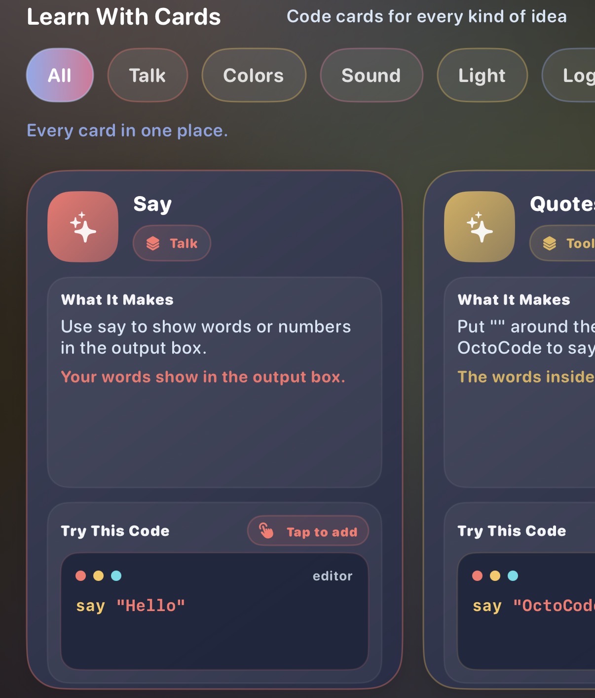 OctoCode learning cards and guided content screen.