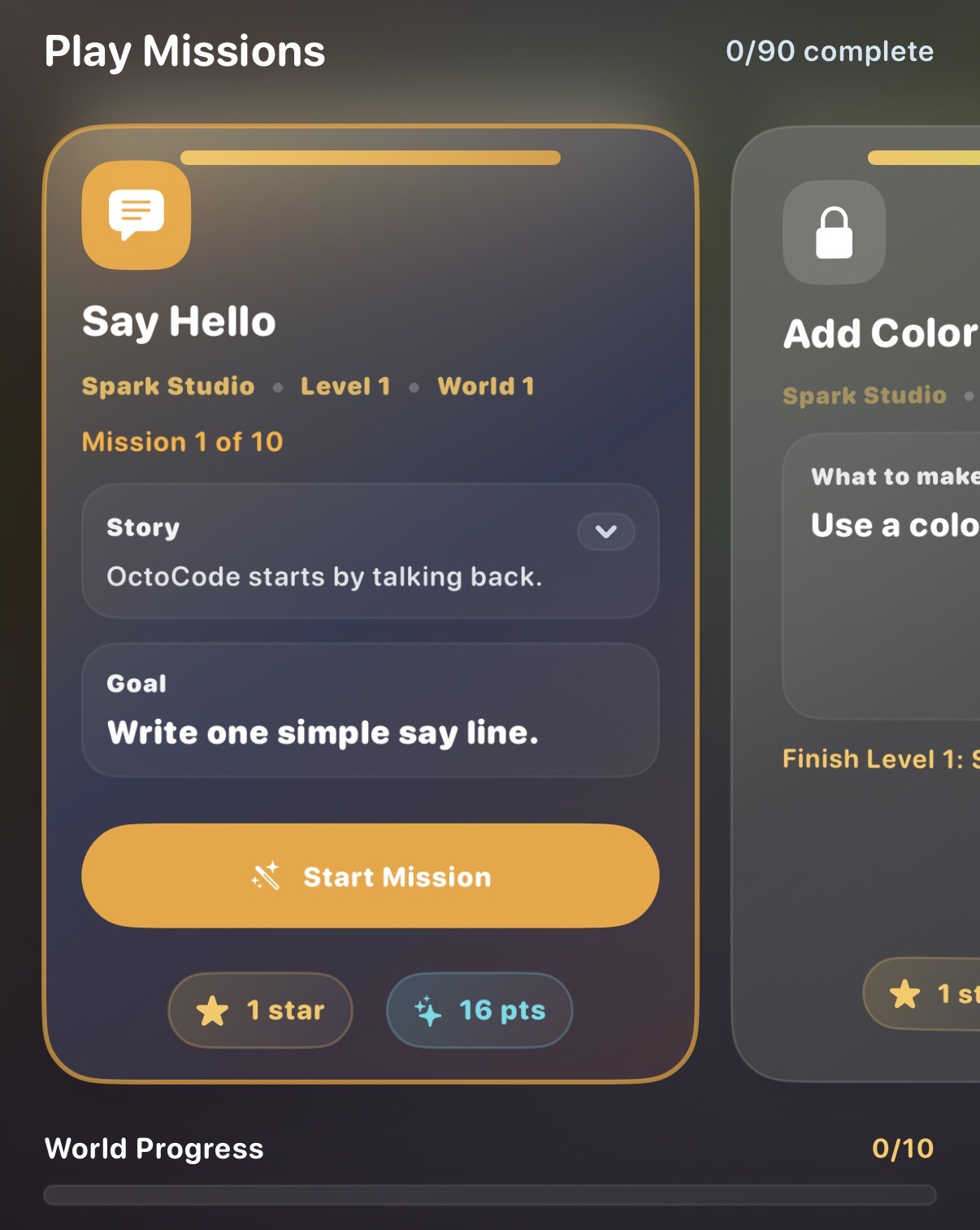 OctoCode missions screen with guided coding challenges.